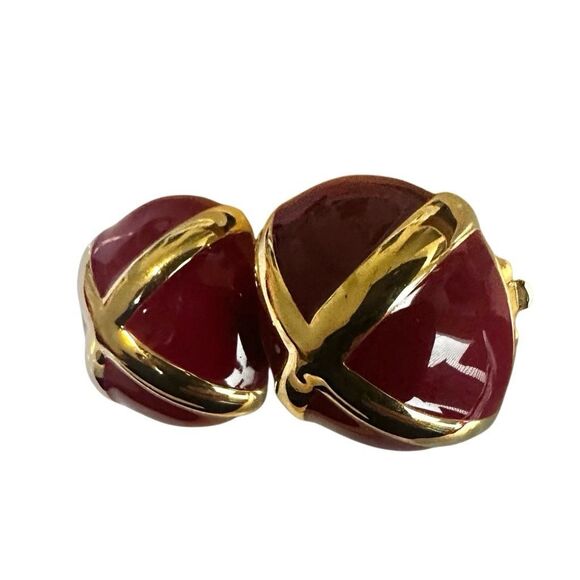 St. John Red Enamel & Gold-Tone "X" Clip-On Statement Earrings - Picture 6 of 11